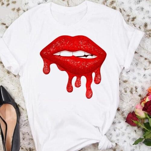 Women Cartoon Watercolor Lip Sexy Trend Cartoon Summer Sweet Tshirts Fashion Clothes Stylish T Top Lady Print Tee T-Shirt