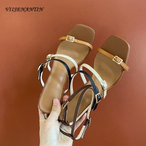 2021 summer cowhide open-toed Korean style female thick-heeled Roman shoes temperament color matching high-heeled sandals