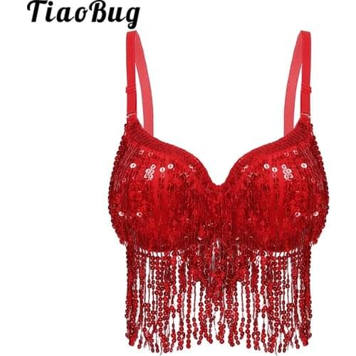 Women Sequins Tassel Padded Bra Tops Adult Stage Performance Fringed Latin Jazz Belly Dance Costume Festival Rave Party Clubwear