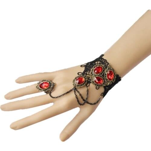 Womens Gorgeous Multi Oval Stone Metal Layered Chain Black Lace Adjustable Ring & Bracelet Slave Set Handmade Goth Lolita Ball