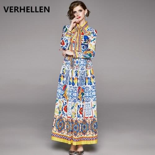 VERHELLEN Fashion Runway Maxi Dresses 2020 Autumn Womens Long Sleeve Blue and White Porcelain Floral Print Holiday Long Dress