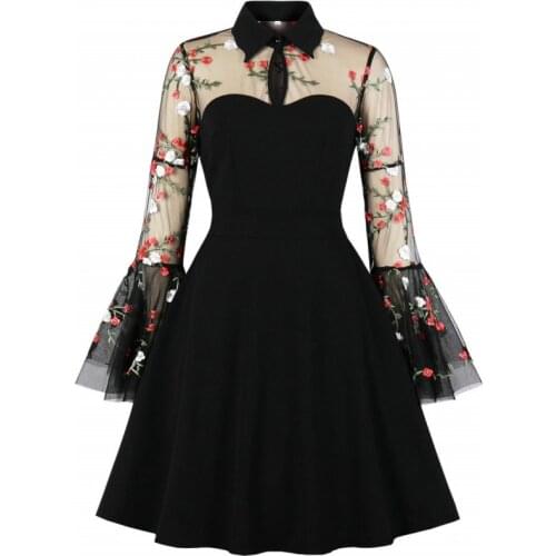2021 Halloween Print Gothic Dress Women Black Vintage Turn-down Collar Wrapped Chest Swing Rockabilly Pin Up Retro Dresses