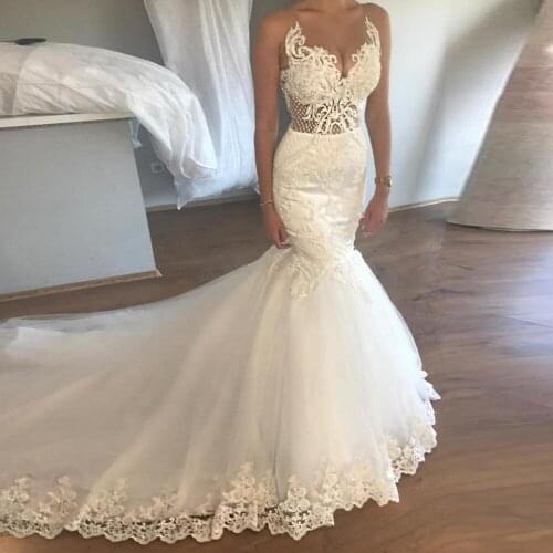 Sleveless Sexy Mermaid Wedding Dresses Slim Fit Bride Dress Custom Made Bridal Lace Wedding Gown 2021 Sweep Trian Robe De Mariee