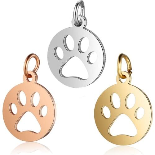12x17MM Silver Rose Gold Stainless Steel Dog Paw Hollow Round Tag Pet Pendant Charm DIY Supplies 1800413