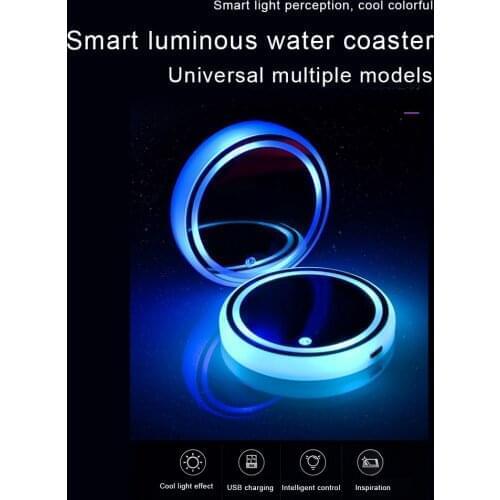 2pcs LED Auto Logo Water Cup Pad Lights for BM-W Chevrole-t Cadilla-c Infinit-i Tesl-a 7 Colors Atmosphere Light LED USB Charger