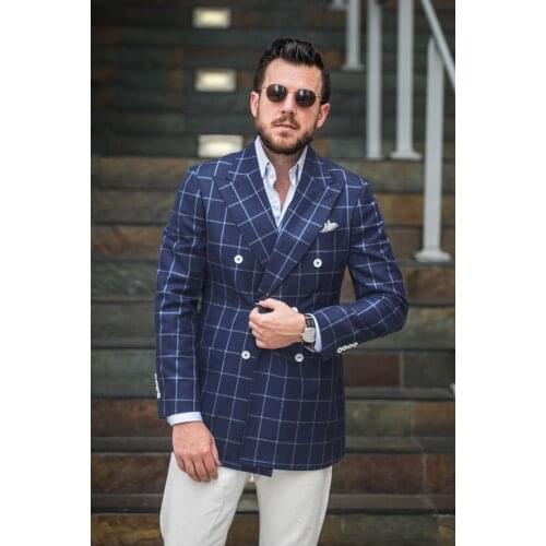 2020 Grid Blue Men Suit Handsome Double Breasted Jacket Tuxedo For Party New Style Suits (Jacket+Pants+Bow Tie) Prom Costume