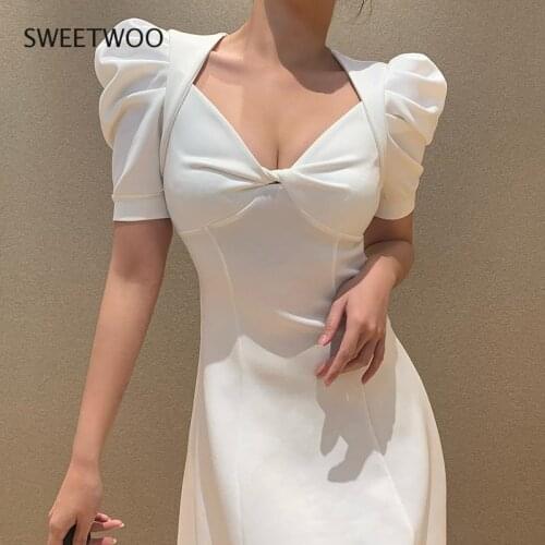 2021 Puff Sleeveer Midi Dress A- Line Button Sexy Dress Women White Summer Party Dresses V Neck Vestido High Robe Clothes Outfit
