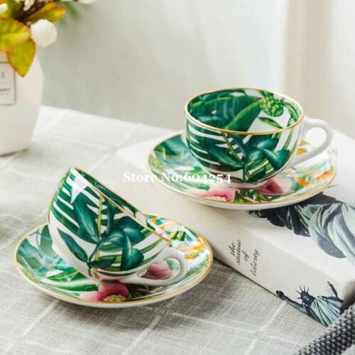 2021 New Style Green Flower Grass Bone China Coffee Cups And Saucers Ceramic Coffee Set Porcelain Afternoon Tea Set