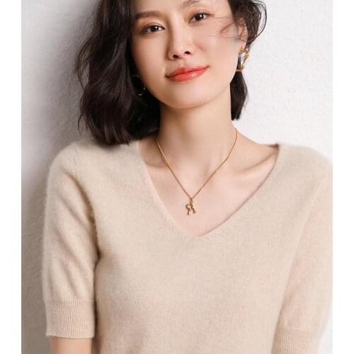 2021 Autumn 100% Cashmere Sweater Fashion Women Spring New V-neck Short Sleeve Basic Jumper Knitted Cultivate Wild Pullovers