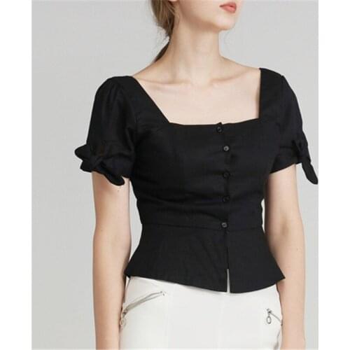 Bella Philosophy 2019 summer casual cotton linen square collar women short slim blouse solid buttons bow tie sleeve sweet blusas