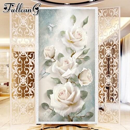 FULLCANG full square/round drill large 5d diy diamond painting white rose mosaic embroidery sale flower wall decor kit FC1420