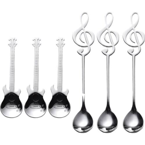 Coffee Spoons,6 Pack Creative Cute Teaspoons Stainless Steel Staff Musical Notation Shaped (3 Music Note +3 Guitar)
