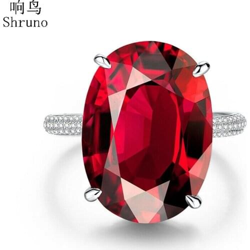 Shruno Diamonds Ring Solid 14K White Gold Large Garnet Oval Cut 18x13mm & Diamonds Ring For Women Party Trendy Fine Jewelry