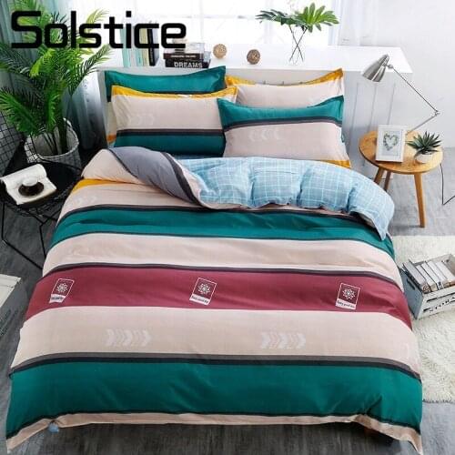 Solstice Home Textile Bedding Set Stripe Nordic Simple Cyan Wine Red Duvet Cover Pillowcase Plaid Sheet Boy Teen Adult Bed Linen