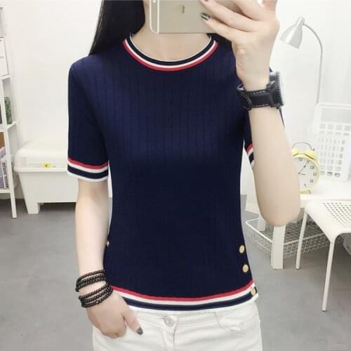 Summer T Shirt Knitted Short Sleeve Leisure Small Stripe Pure Color Bar Button 2021 New Charm Women Fashion Clothing Wholesale