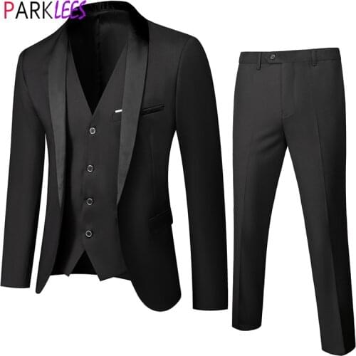 Mens Black One Button 3 Pieces Suits Brand Shawl Collar Slim Fit Elegant Suits Pants Men Wedding Groom Tuxedo Terno Masculino