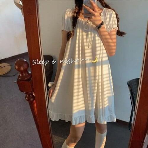 Korean Nightdress Women 2021 New Summer White Dress Vintage Princess Nightgown College Style Sweet Sleepwear Plus Size Home Wear