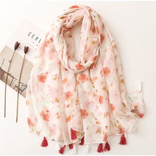 Summer Women Head Scarf White Small Flower Pattern Shawl Scarf Tassel Large Spring Shawls and Wrap 180x90cm Pashmina Foulards