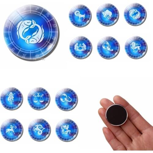 Blue 12 Constellation Fridge Magnet Glass Cabochon Zodiac Message Board Stickers Birthday Memorabilia Fridge Magnet Home Decor