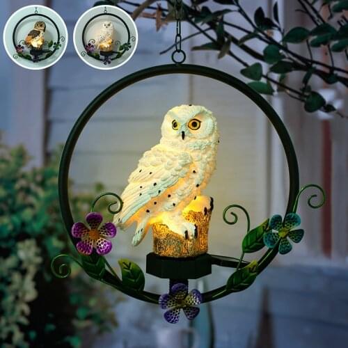 Solar Resin Owl Chandelier Light Outdoor Garden Wrought Iron Decorative Pendant Light LED Landscape Lamp