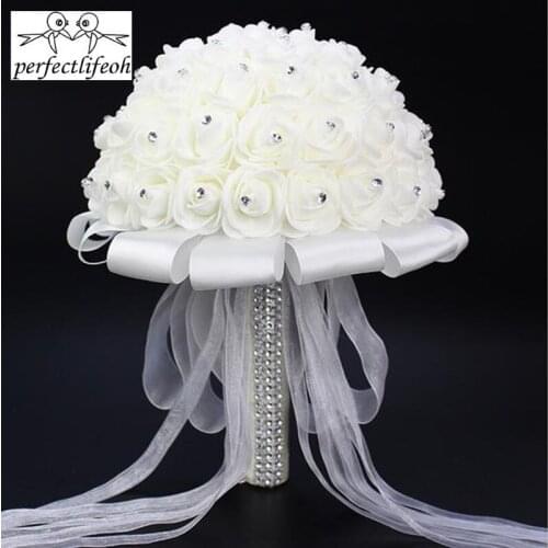 Perfectlifeoh Wedding Bridal Bouquet White Satin Crystal Wedding Bouquets Bouquet De Mariage