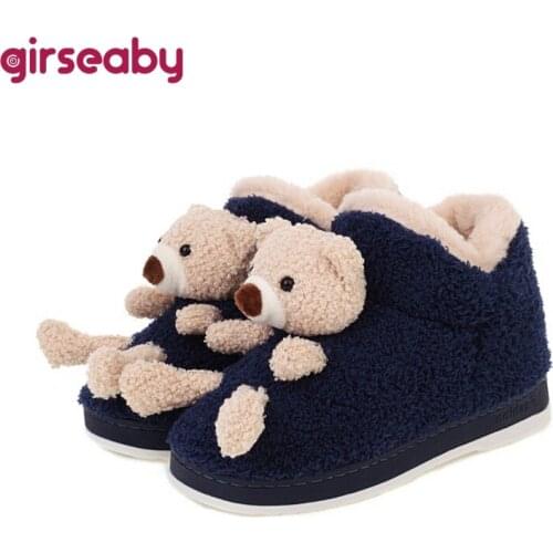 Girseaby Couples Cute Bear Cartoon Floor Shoes Unisex Home Snow Boots Cotton Warm Womens Winter Botas Female Ankle Bootie 41