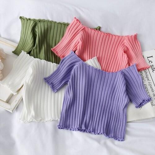 Ulzzang Off Shoulder Knitting Crop Tops Stripes Tops For Women tees Women T-shirts chic Short Sleeve Stretchy Ruffles Hem tees