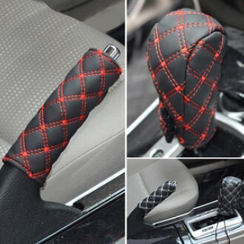 2 in 1 Set Car Faux Leather Gear Shift Knob Cover Hand Brake Cover Sleeve Car Interior Protect Cover
