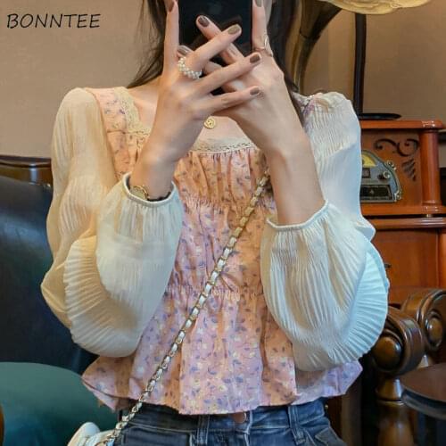 Blouse Women Spring Spliced Puff Sleeve Female Clothing Floral Sweet All-match Tops Chiffon Square Collar Casual Japanese Style