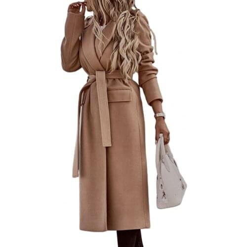 Plus Size Jacket Autumn Winter Women Lapel Long Sleeve Outerwear Solid Color Belt Coat Jacket Wool Blend
