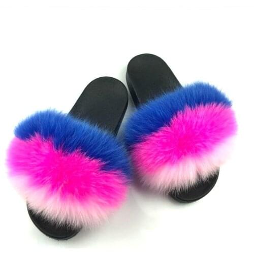 Fur Slippers Women Casual Real Fox Fur Non-Slip Flat Slides Home Furry Flat Sandals Female Winter Fluffy Flip Flop Plush Shoes
