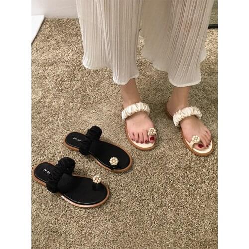 Womens shoes slippers outdoor 2020 summer new pearl rhinestone satin flat beach slippers sandals