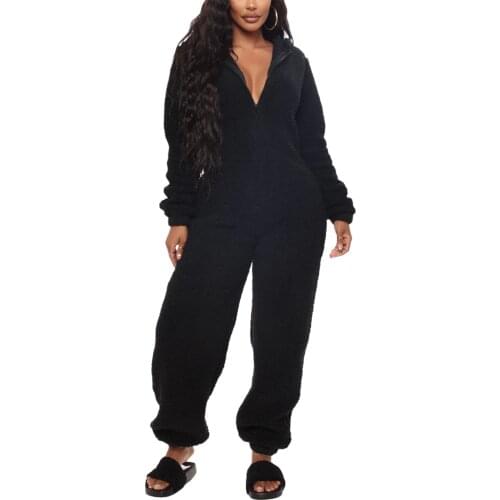 Women Autumn and Winter Warmth Fluffy Ears Casual Flannel Long-Sleeved Solid Color Trousers Zipper Jumpsuit Home Sleep Jumpsuit