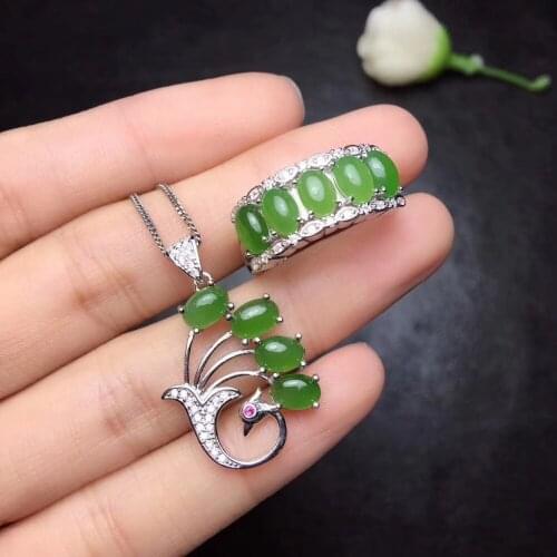 Fashion Lovely Peacock Natural green jasper Pendant ring Natural Gemstone Jewelry Set 925 Silver Women girl party gift jewelry