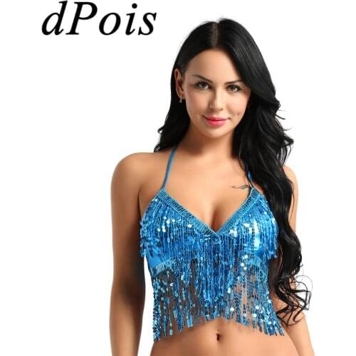 Women Latin Belly Lyrical Praise Dance Bra Top Adults Sequins Fringe Halter Neck Back Tie Up Party Nightclub Modern Show Costume