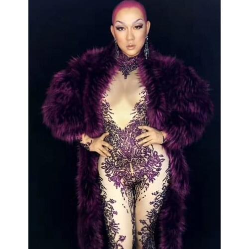 Women New Guest Custom Purple Full Rhinestones Tight Body Jumpsuit Fur Suit Female Singer Female DS Custom Costumes Celebration