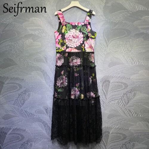 Seifrmann New 2021 Summer Women Fashion Runway Party Long Dress Sexy Spaghetti Strap Crystal Print Ladies A-Line Dress Vestidos