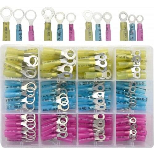 220PCS Insulated Heat Shrink Ring Red Blue Yellow Wiring Crimp Terminals Electrical 22-16/16-14 / 12-10 AWG Wire Connector Kit