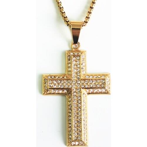 Men Jesus full rhinestone Cross stainless steel Pendant Gold color Material Necklace Chain Fashion Hip Hop Jewelry
