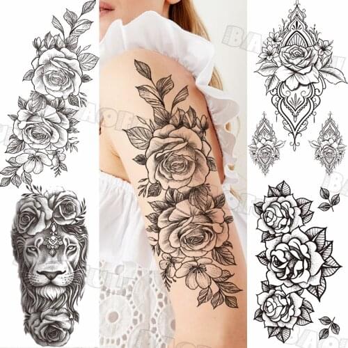 Black Big Rose Temporary Tattoos For Women Adult Geometric Lion Jewelry Fake Tattoo Sticker Custom Armband Sexy Washable Tatoos