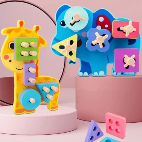 Montessori Wood Toy Geometrical Column Building Set Shape Paired Sorting Colorful Wooden Animal Building Blocks Early Education
