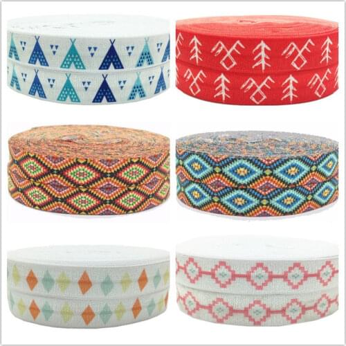Hot Sale Geometry Teepee Print Fold Over Elastic 5/8" Aztec FOE Ribbon 10Yards for Wedding decoration Accessories