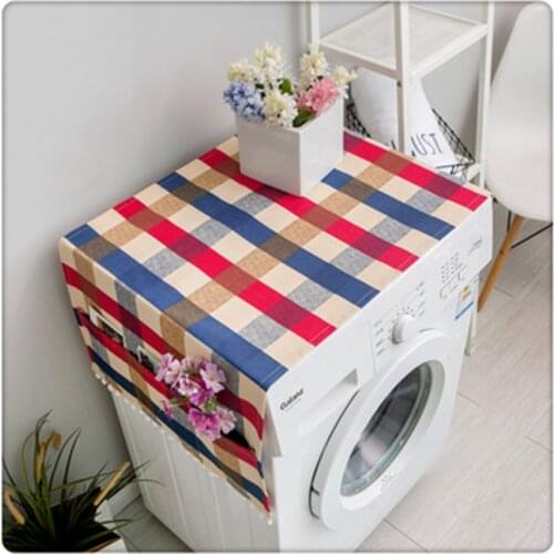 Cotton Plaid Check Washing Machine Cover Towel Microwave Oven Dustproof Waterproof Cloth Cover Household Strorage