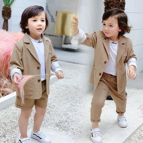 Kids Boys Blazer Sets Spring Summer Baby Boys Korean Style Clothing Set Plaid Blazer Jacket Shorts Pants 2pcs For Children 2-8 Y