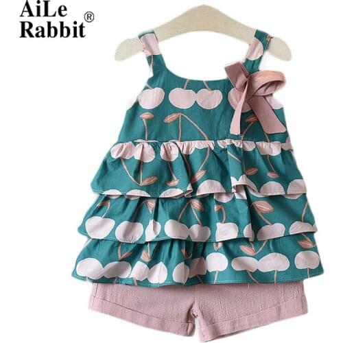 AiLe Rabbit Will the new summer 2018 han edition girls sweet cherry cake skirt condole belt vest + shorts suit J6147 B