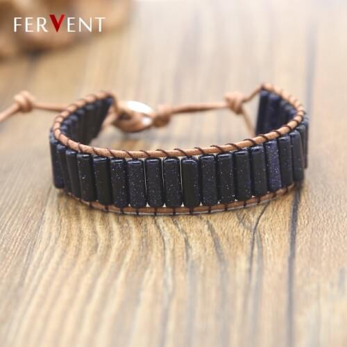 Leather Wrap bracelet boho Cylinder bead wrap bracelet leather bracelet Blue Sand natural stone Jewelry Drop Shipping
