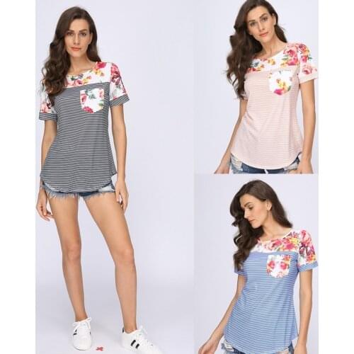 Summer Pregnant T Shirt Floral Print Striped Patchwork Maternity Clothes Short Sleeve Breastfeeding Clothes Shirt Nursing Tops