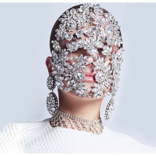 Bling Bling Crystal Flower Full Face Masks Luxury Designer Womens Jewelry Carnival Rhinestone Mask Fashion Party Wedding Gifts