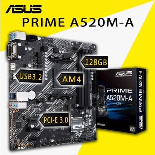 Socket AM4 Asus PRIME A520M-A Motherboard Support 3rd-Gen AMD Ryzen CPU AMD A520 128GB Overlocking AMD A520 Placa-mãe AM4 New