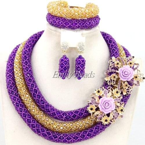 Trendy Nigerian Wedding African Beads Jewelry Set Purple Gold Crystal Bridal Beads Jewelry Set 2015 Hot Free Shipping AMJ324